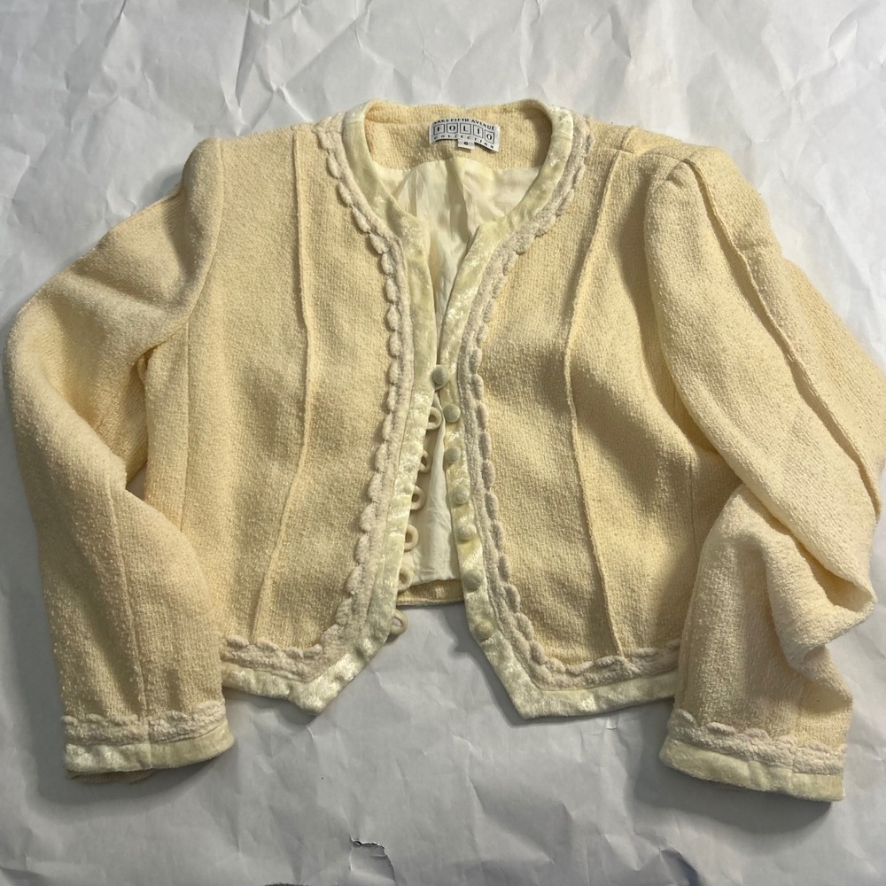 Saks Fifth Avenue Folio Collection VTG Womens Cream Tweed Cropped‎ Wool Blazer 6